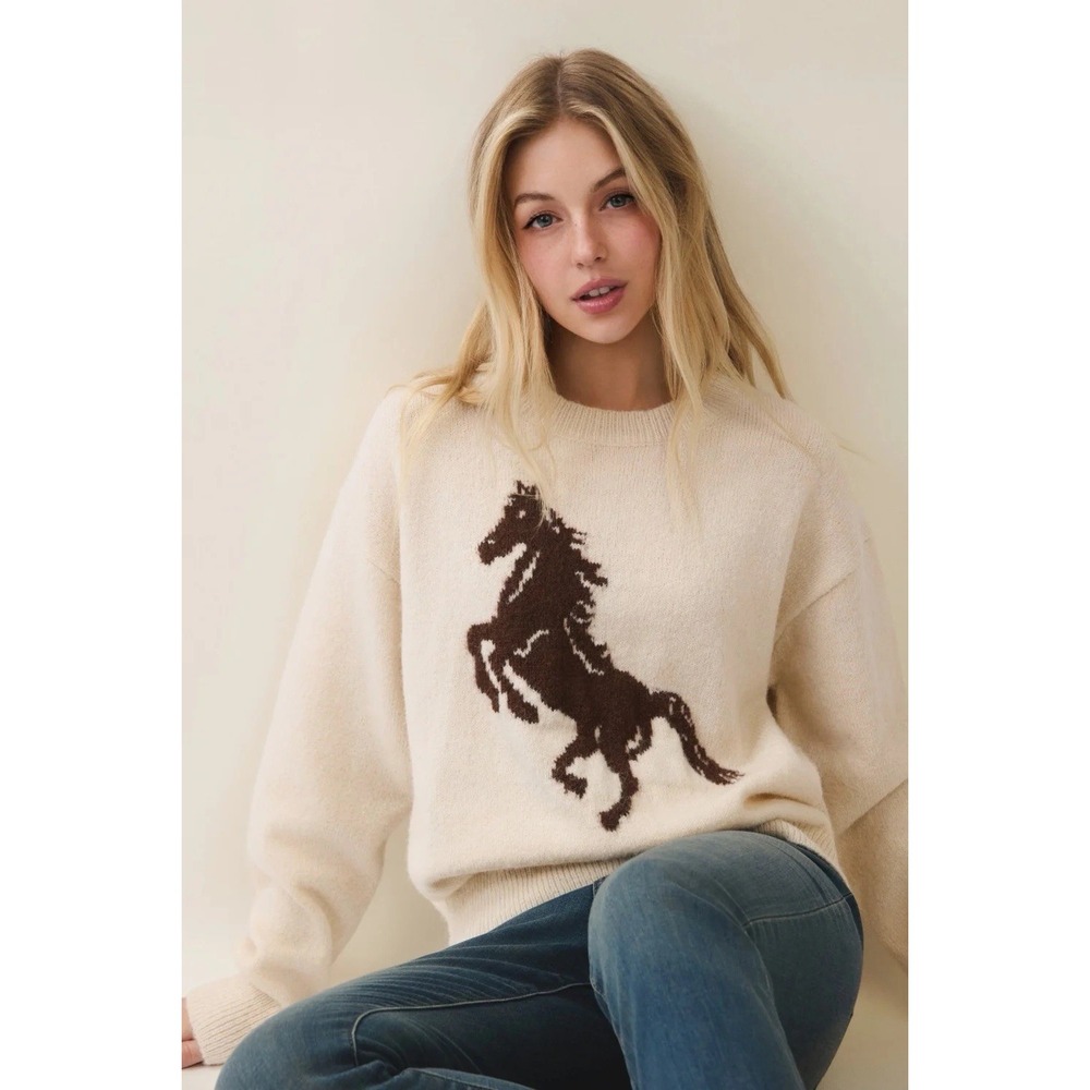 Curds & Whey Wild Spirit Horse Sweater Ivory NWT Size S